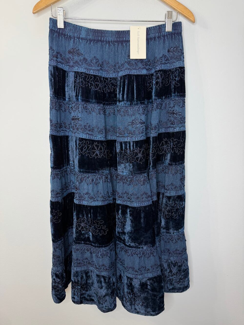 Soft Surroundings Velvet Embroidered Midi Skirt Boho Blue Women's SP New